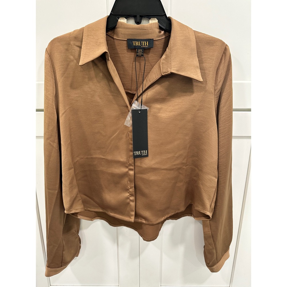 Truth by Republic Women Brown Satin Cropped Button Down Shirt Dark Mink Medium